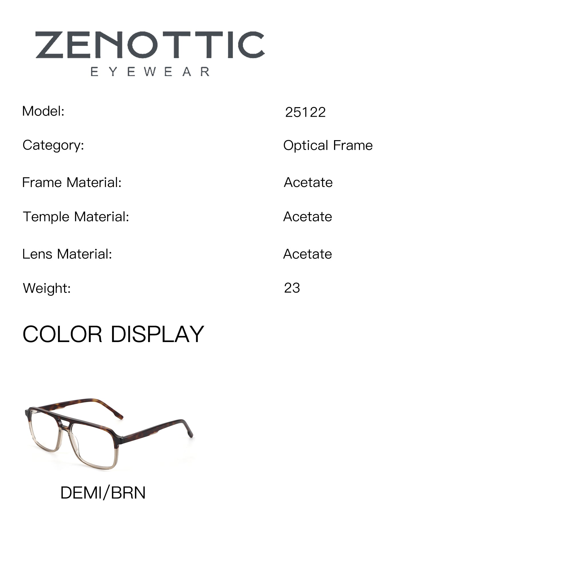 ZENOTTIC DEMI/BRN acetate aviator eyeglasses, model 25122