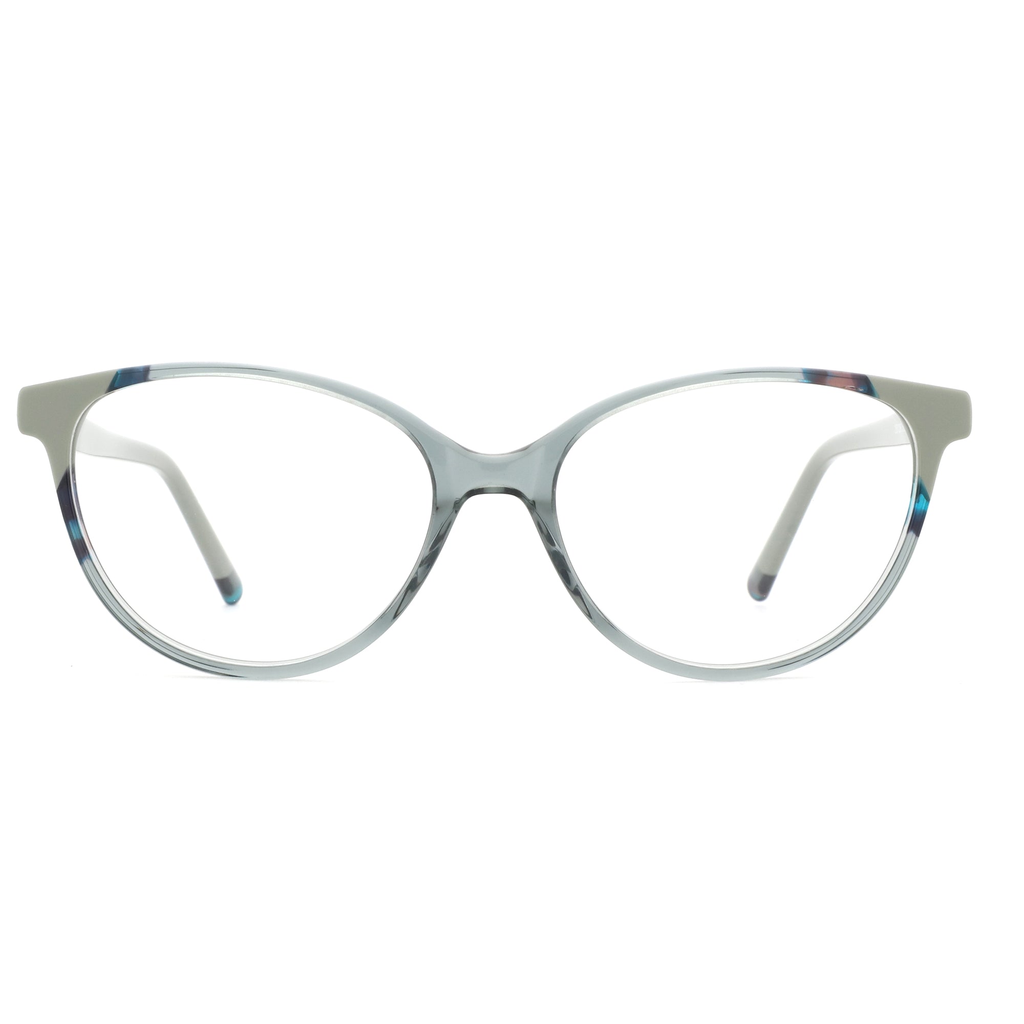 ZENOTTIC Emily eyeglasses: grey acetate frame with blue marbled accents.