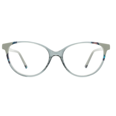 ZENOTTIC Emily eyeglasses: grey acetate frame with blue marbled accents.