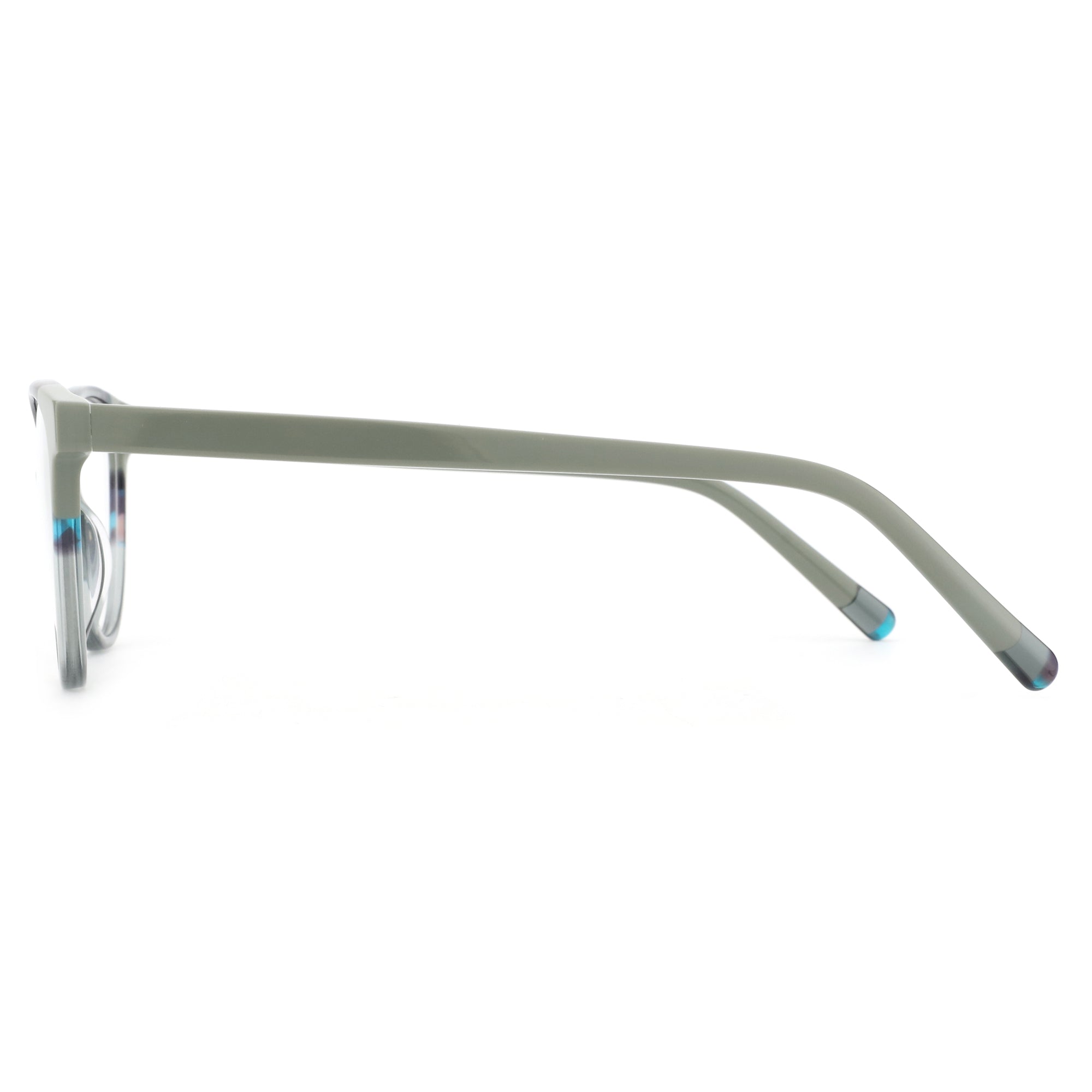 ZENOTTIC Emily eyeglasses: grey acetate frame, side view, with blue and purple temple accents.
