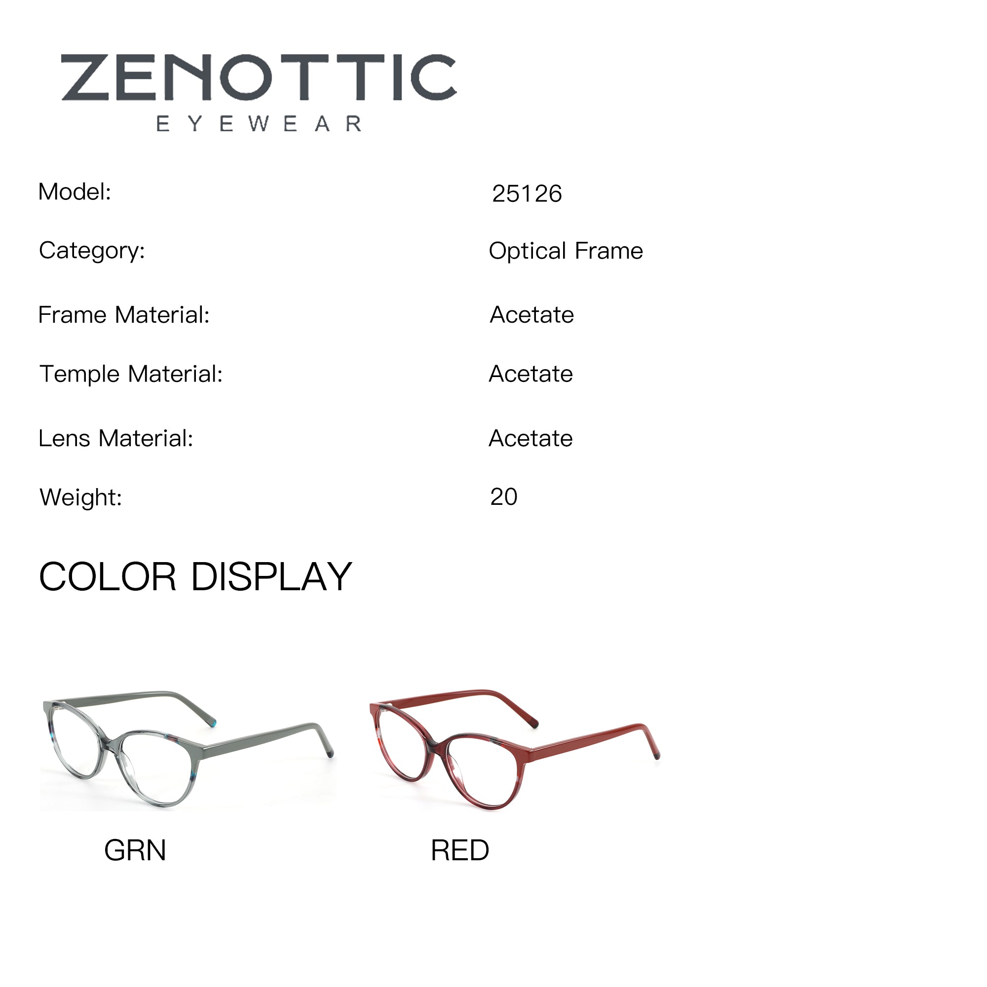 ZENOTTIC Emily acetate optical frames (model 25126) in green and red.