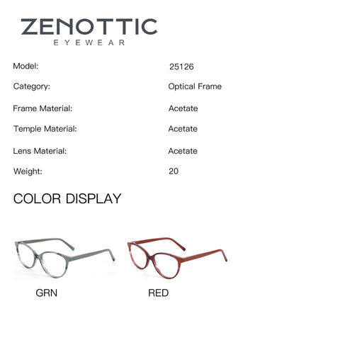 ZENOTTIC Emily acetate optical frames (model 25126) in green and red.