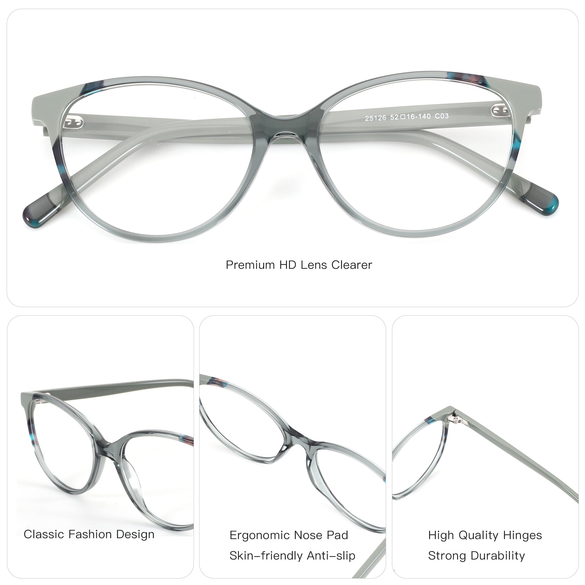 ZENOTTIC Emily grey acetate eyeglasses, clear lenses, model 25126, 52mm lens width.