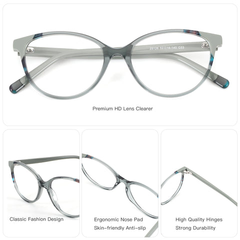 ZENOTTIC Emily grey acetate eyeglasses, clear lenses, model 25126, 52mm lens width.