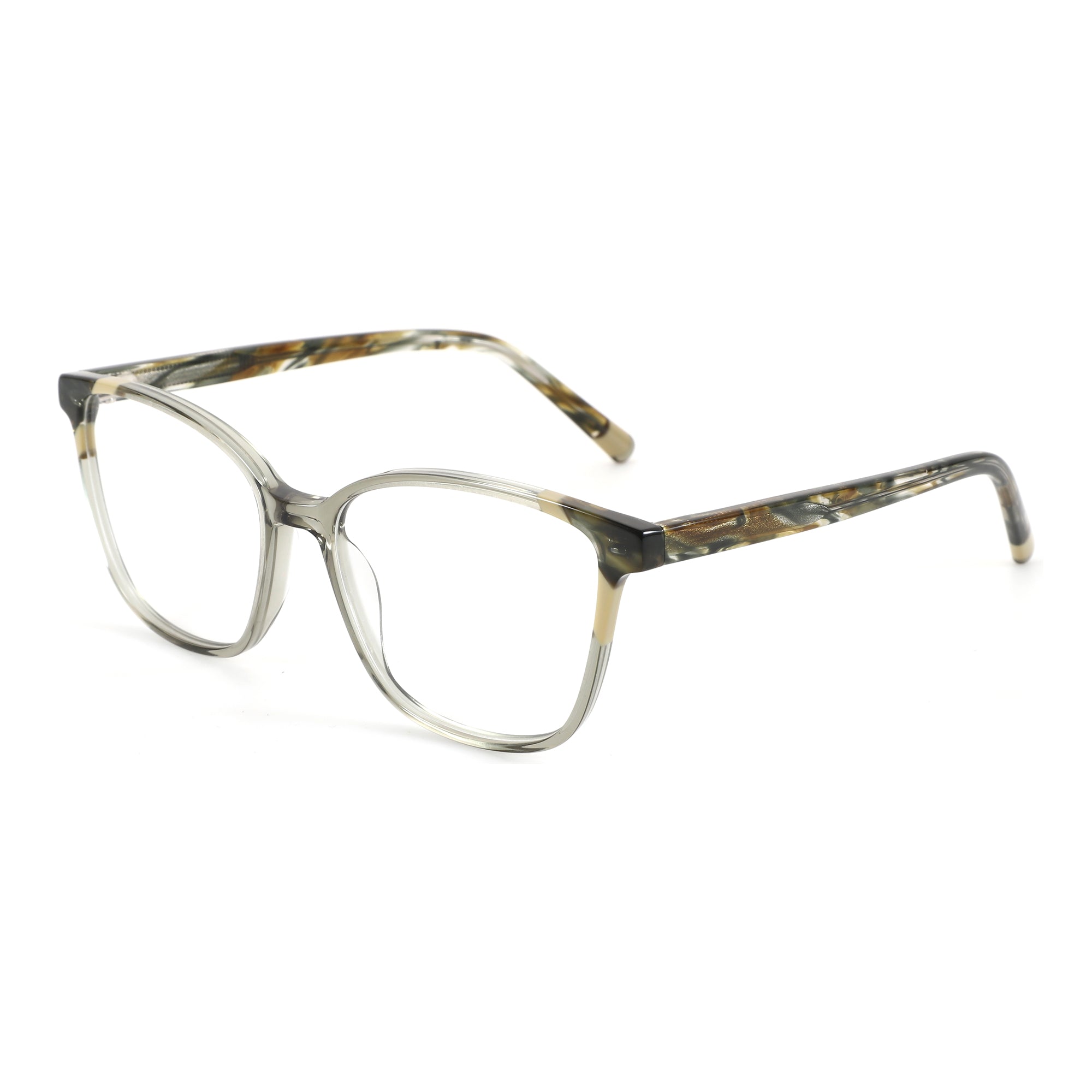 ZENOTTIC Kay eyeglasses, translucent grey acetate frame with marbled temples.