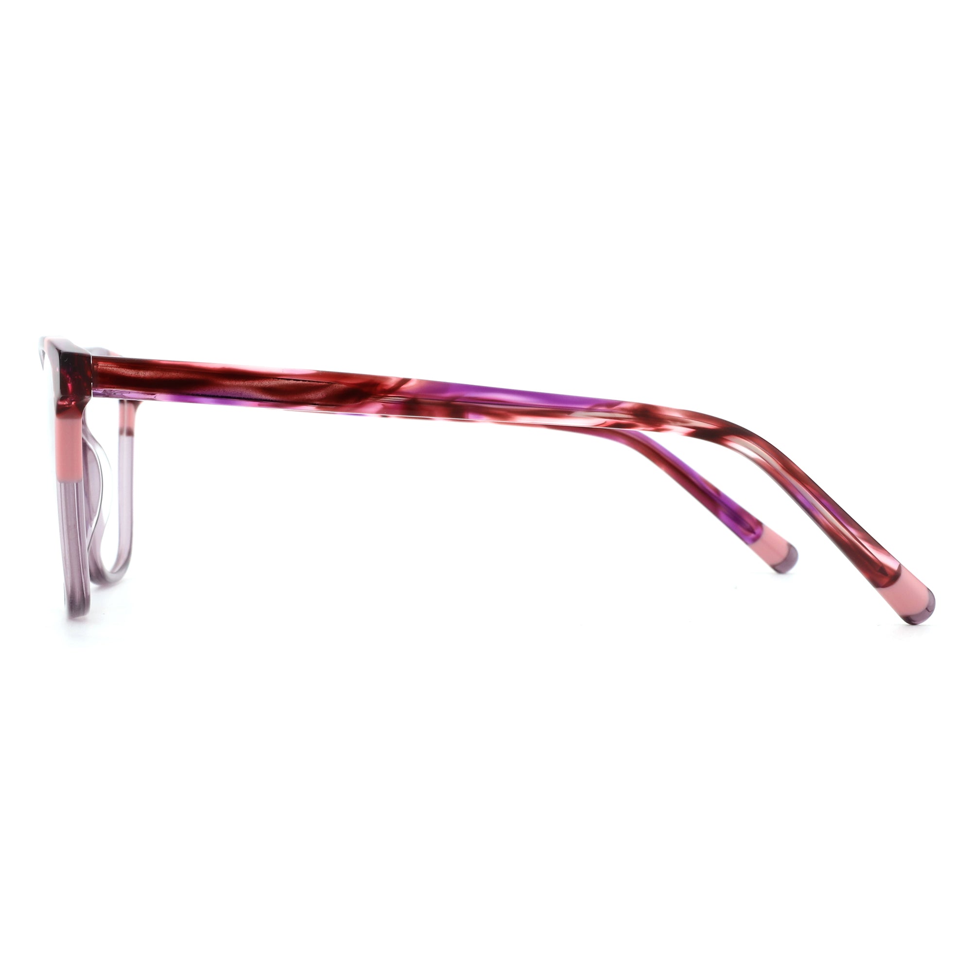 ZENOTTIC Kay eyeglasses in acetate with a marbled pink, purple, and burgundy frame.