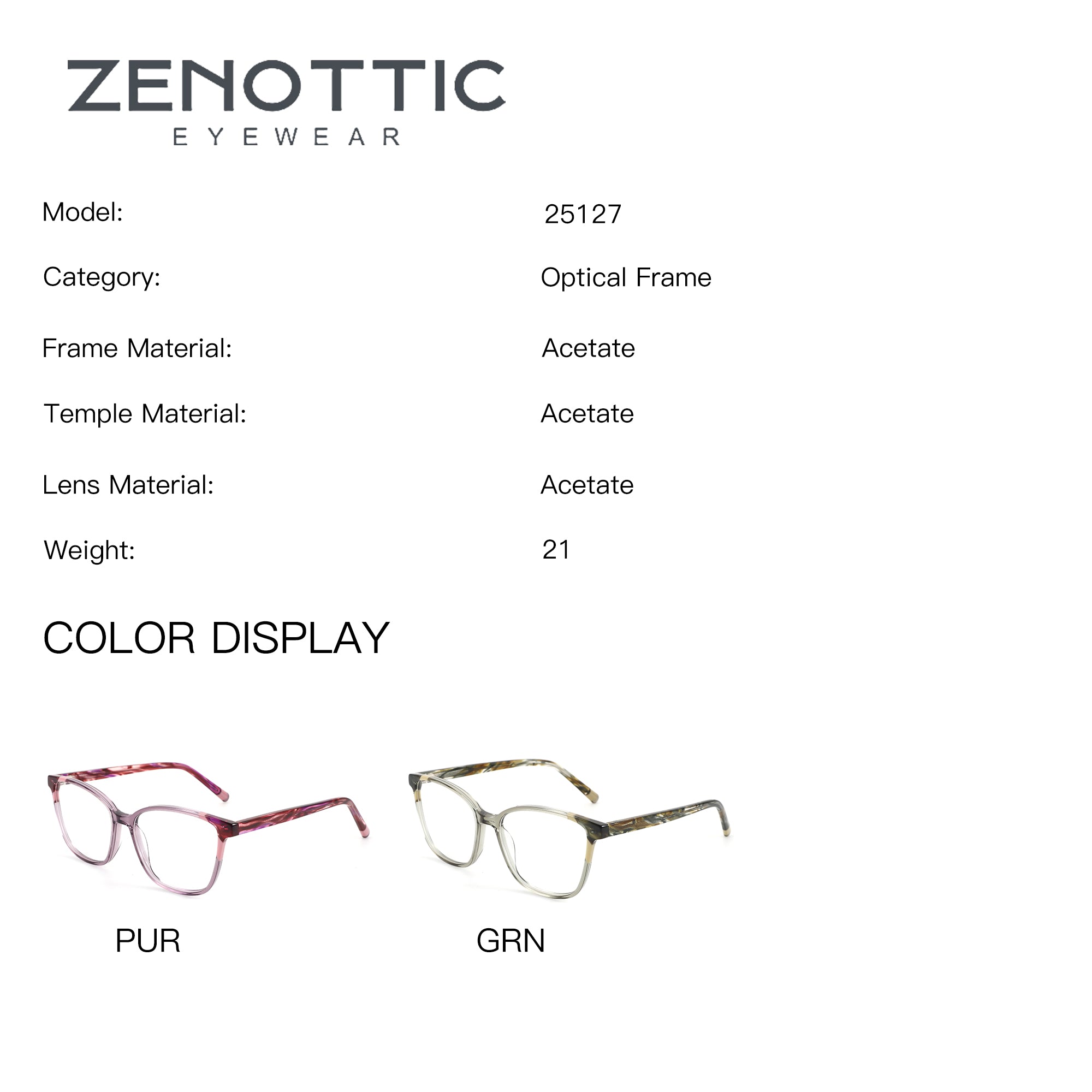 ZENOTTIC Kay eyeglasses, model 25127, in purple and green acetate.