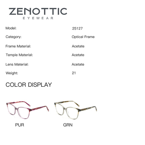 ZENOTTIC Kay eyeglasses, model 25127, in purple and green acetate.