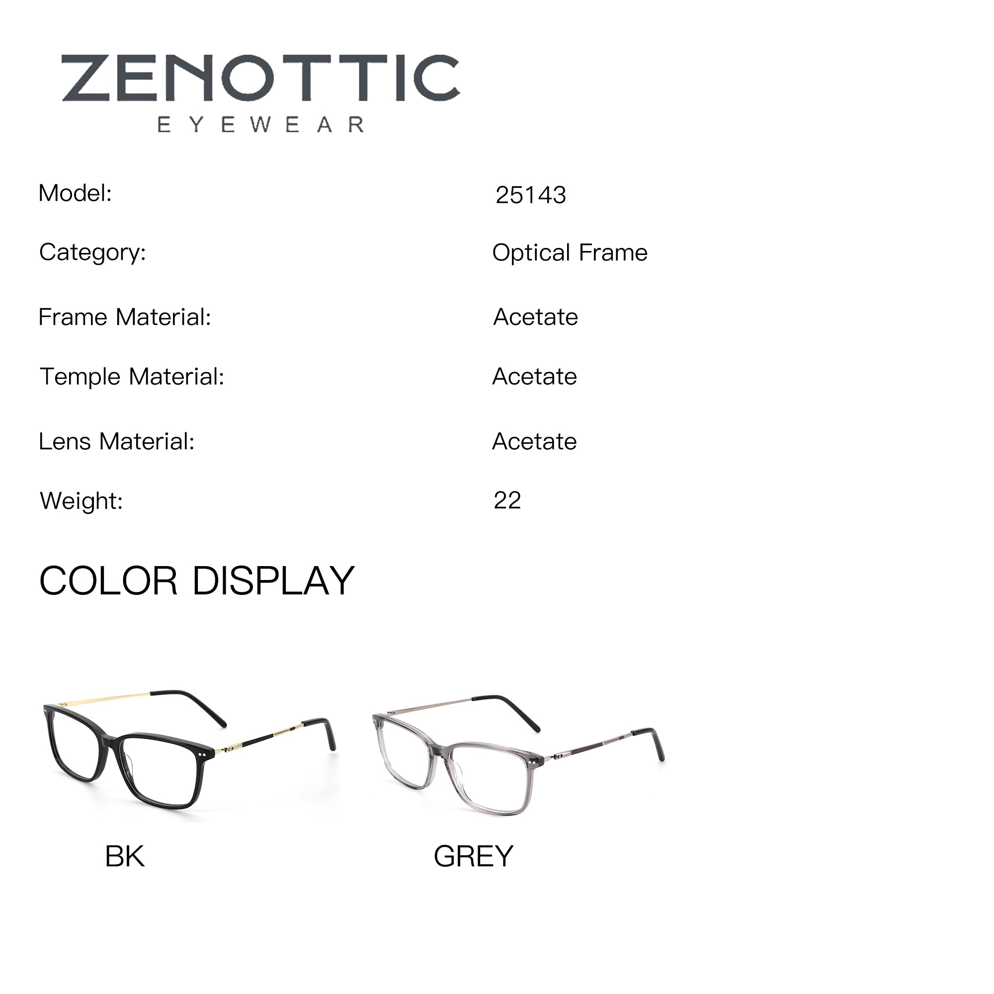 ZENOTTIC Eyeglasses Joy model 25143 acetate frames in black and grey.