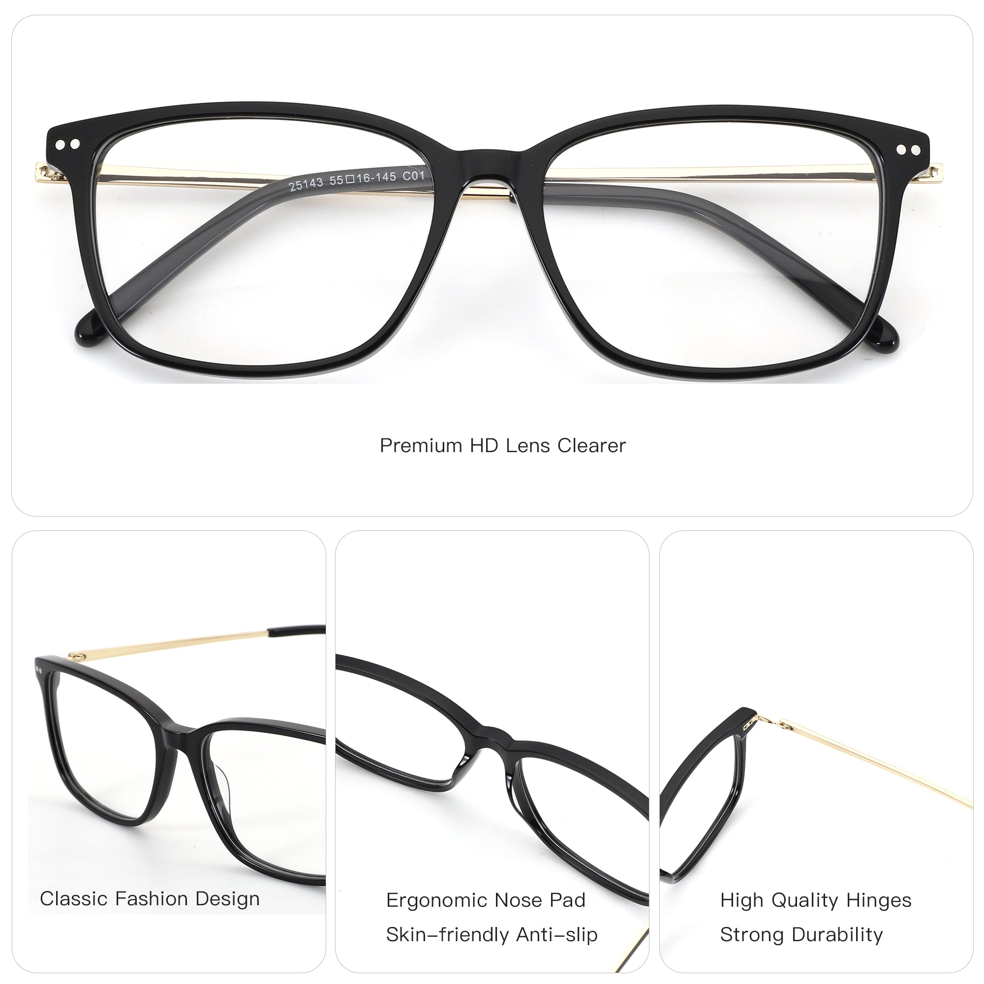 ZENOTTIC Joy black acetate eyeglasses model 25143 with gold temples and clear lenses.