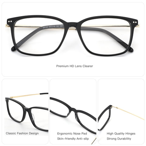 ZENOTTIC Joy black acetate eyeglasses model 25143 with gold temples and clear lenses.