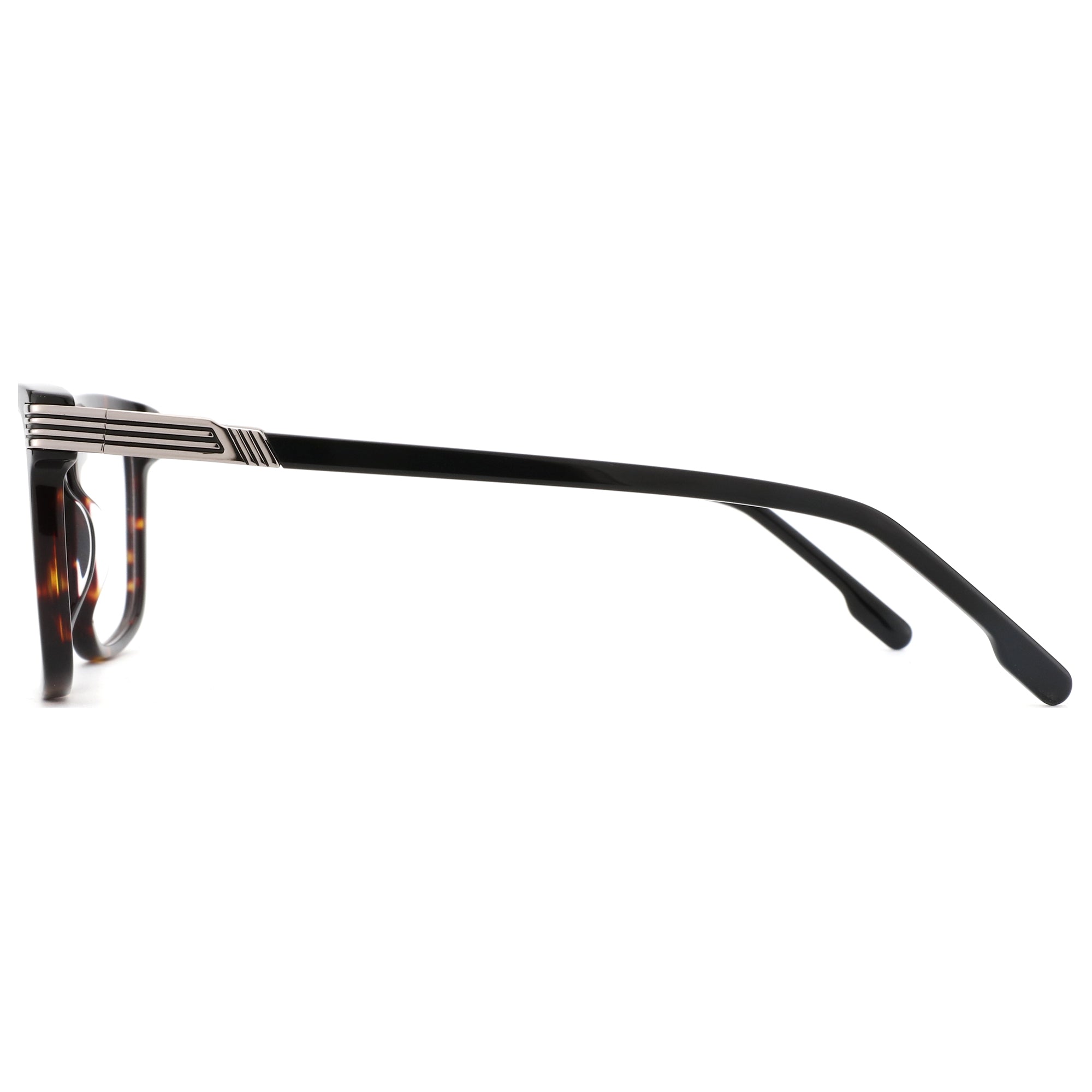ZENOTTIC Clare eyeglasses: Tortoiseshell acetate square frame, black temples, silver hinge detail.