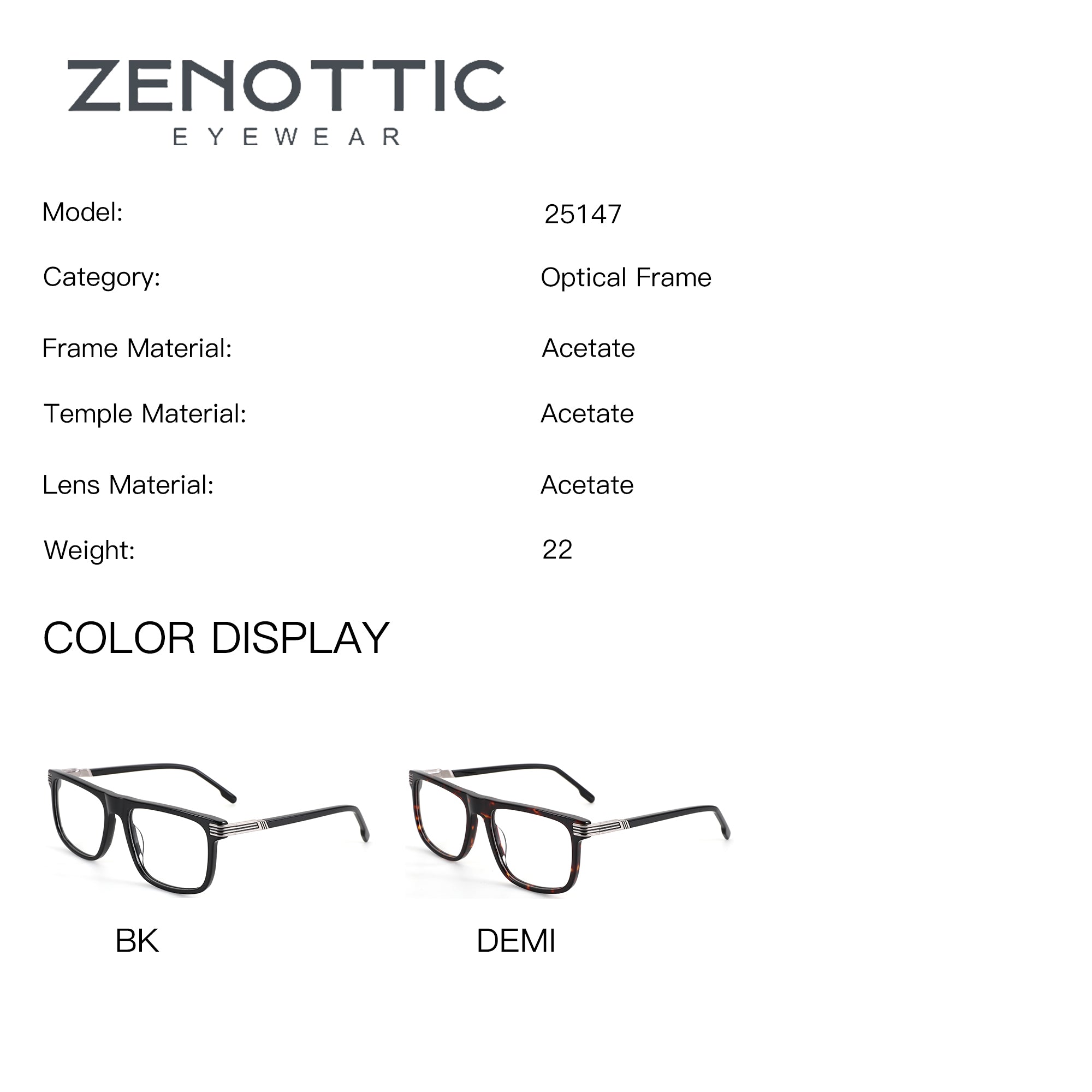 ZENOTTIC Clare acetate square eyeglasses in black and tortoiseshell. Features unique eye frames.