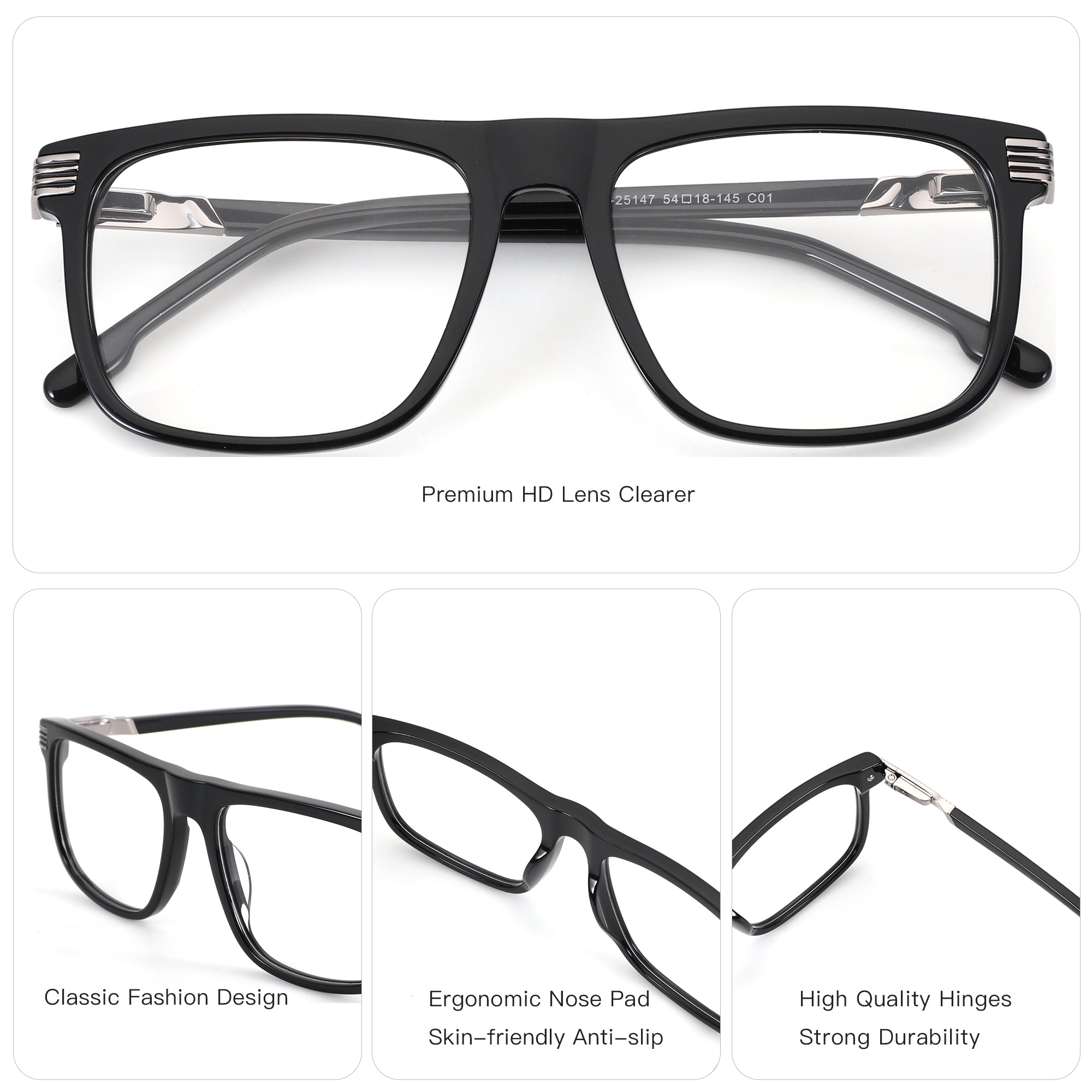 ZENOTTIC Clare black acetate square eyeglasses with classic design and ergonomic nose pads.