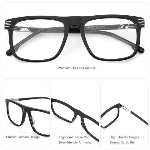 ZENOTTIC Clare black acetate square eyeglasses with classic design and ergonomic nose pads.