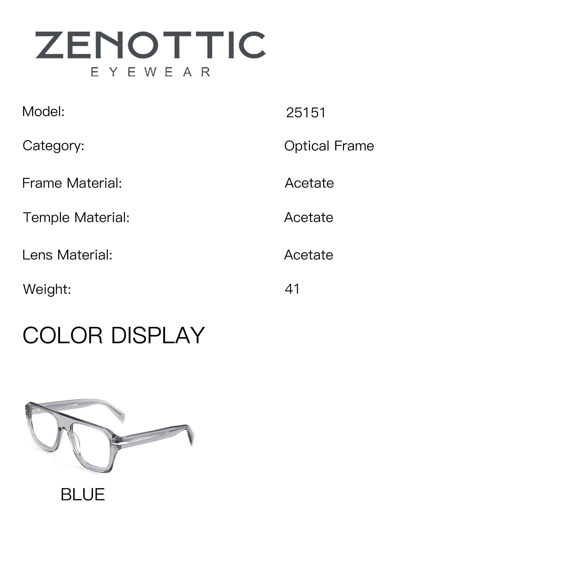 ZENOTTIC Donald eyeglasses, blue transparent acetate frame, model 25151