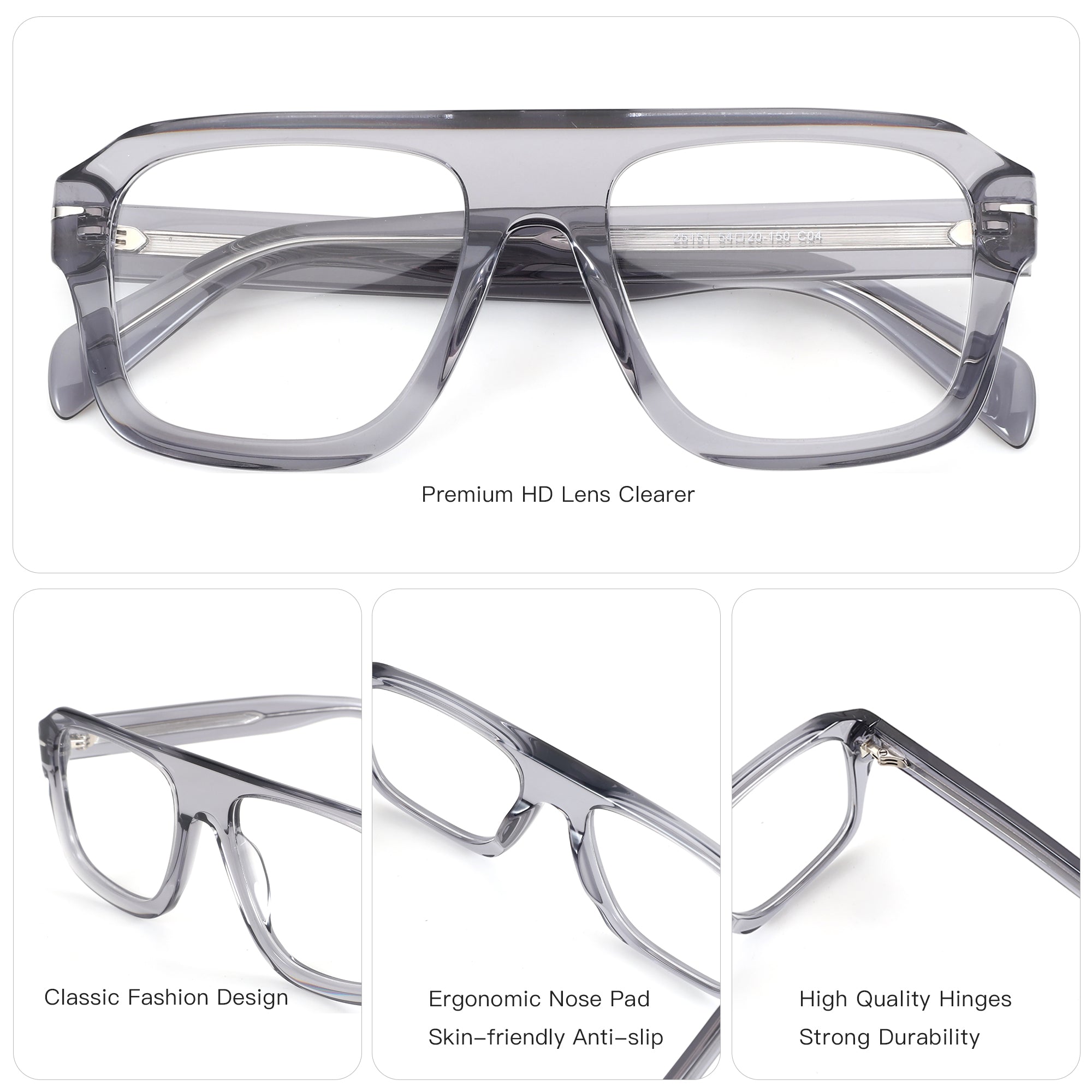 ZENOTTIC Donald grey acetate sport aviator eyeglasses with clear lenses.