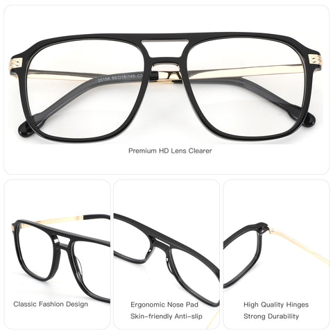 ZENOTTIC Harrison black acetate eyeglasses with double bridge, gold accents, and HD clear lenses
