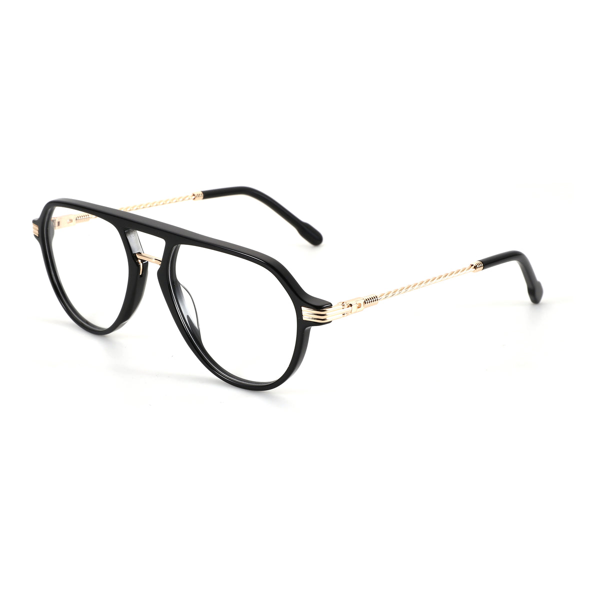 ZENOTTIC Bella aviator eyeglasses: black acetate full-rim frame with twisted gold temples.