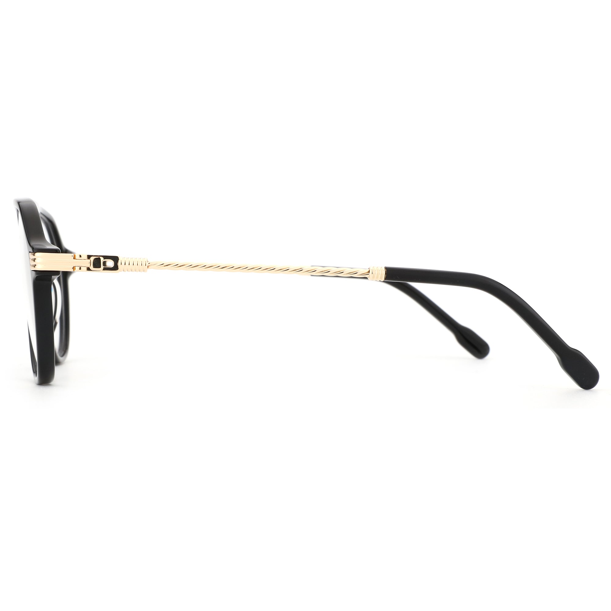 ZENOTTIC Bella eyeglasses: black acetate frame with gold twisted metal temples.