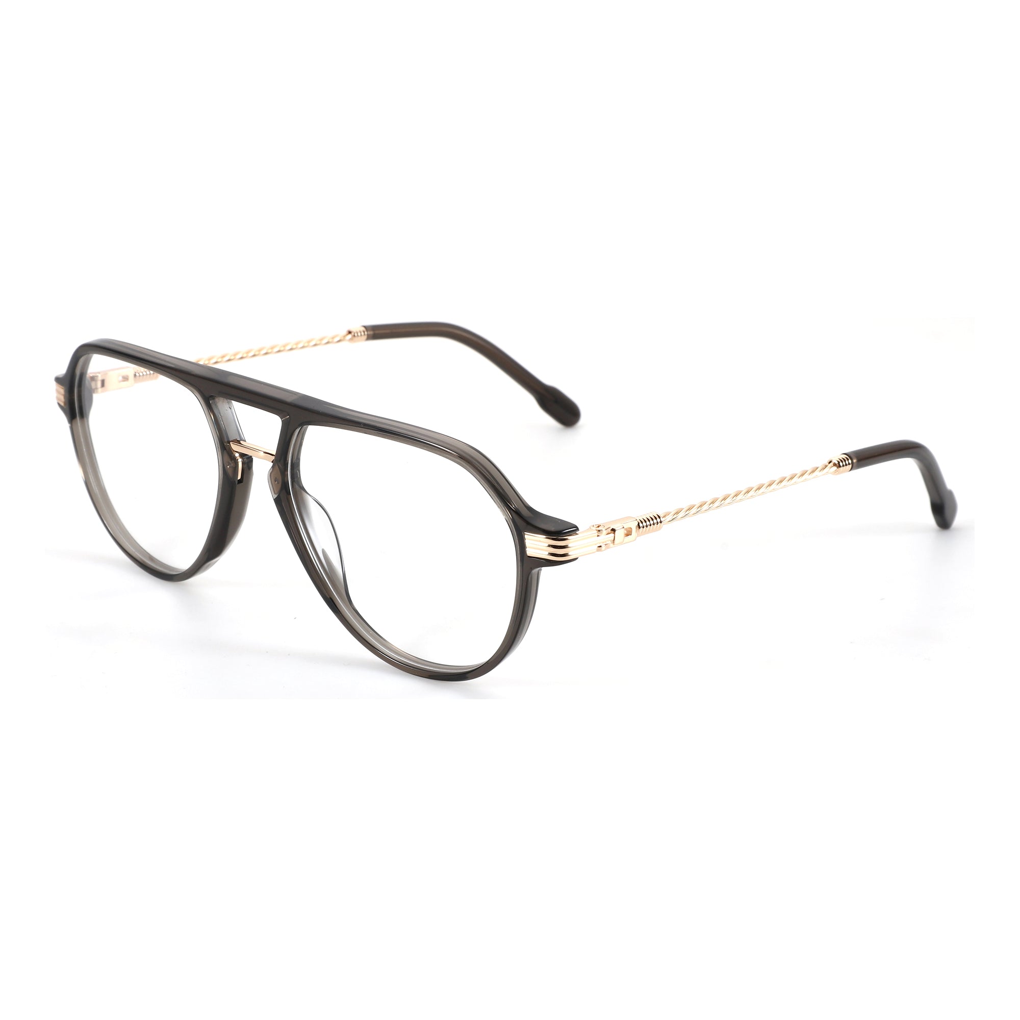 ZENOTTIC Bella aviator eyeglasses: grey acetate frame, gold twisted metal temples.