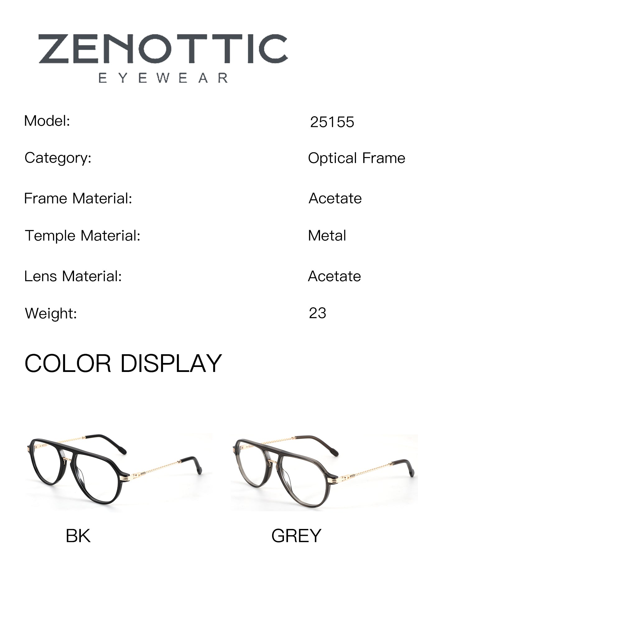 ZENOTTIC Eyeglasses Bella: Acetate aviator glasses in black and grey with metal temples.