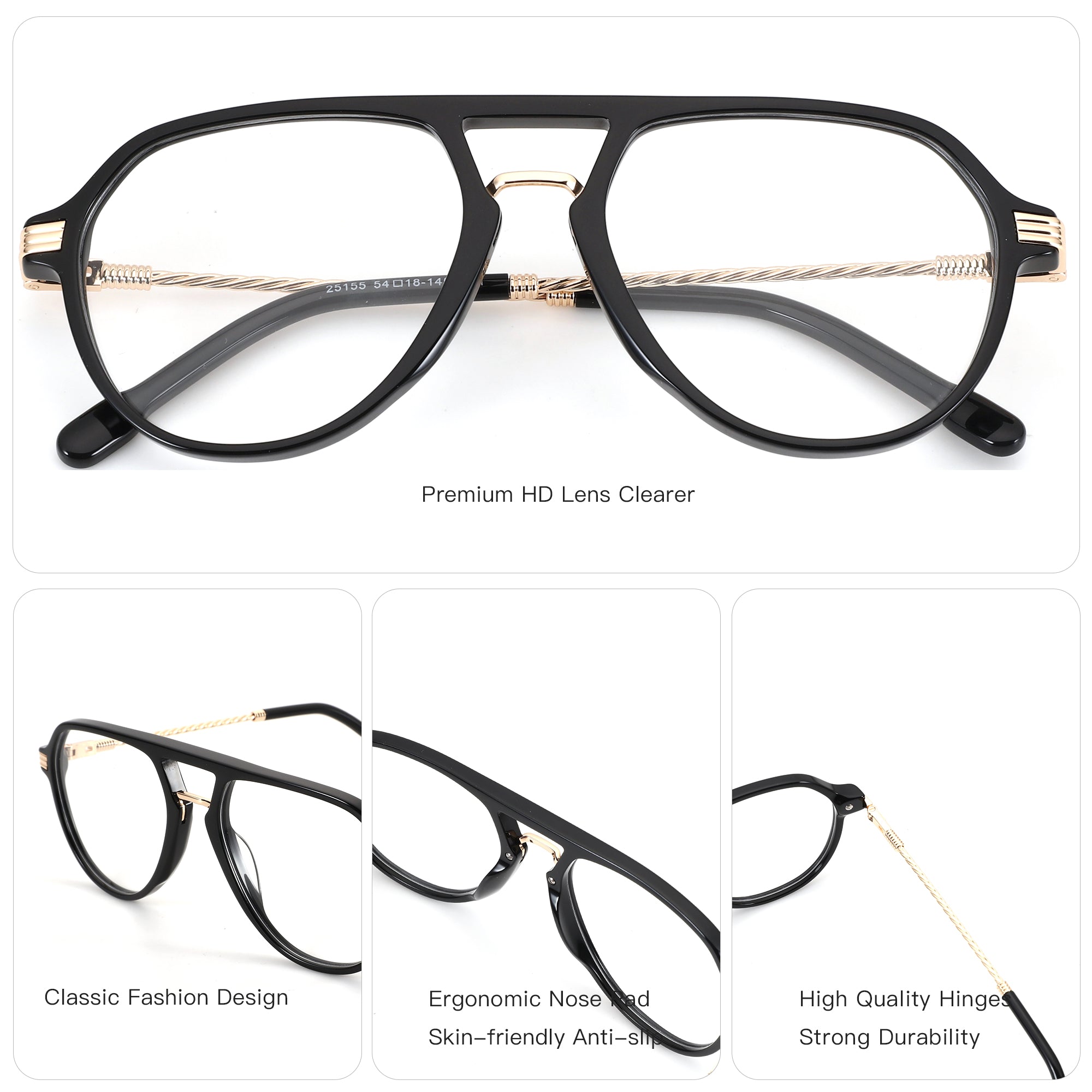 ZENOTTIC Bella eyeglasses 25155: black acetate aviator, gold accents, clear lenses. 'Premium HD Lens Clearer'.