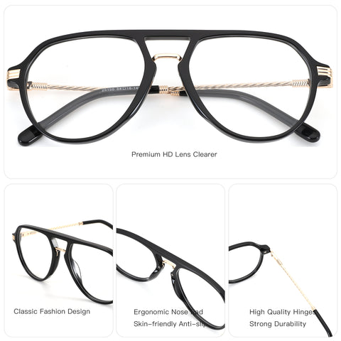 ZENOTTIC Bella eyeglasses 25155: black acetate aviator, gold accents, clear lenses. 'Premium HD Lens Clearer'.