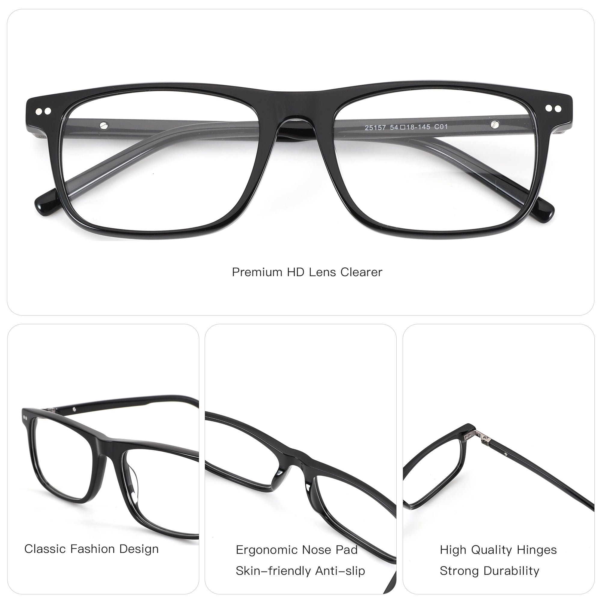 ZENOTTIC Eyeglasses Caesar black acetate square frame