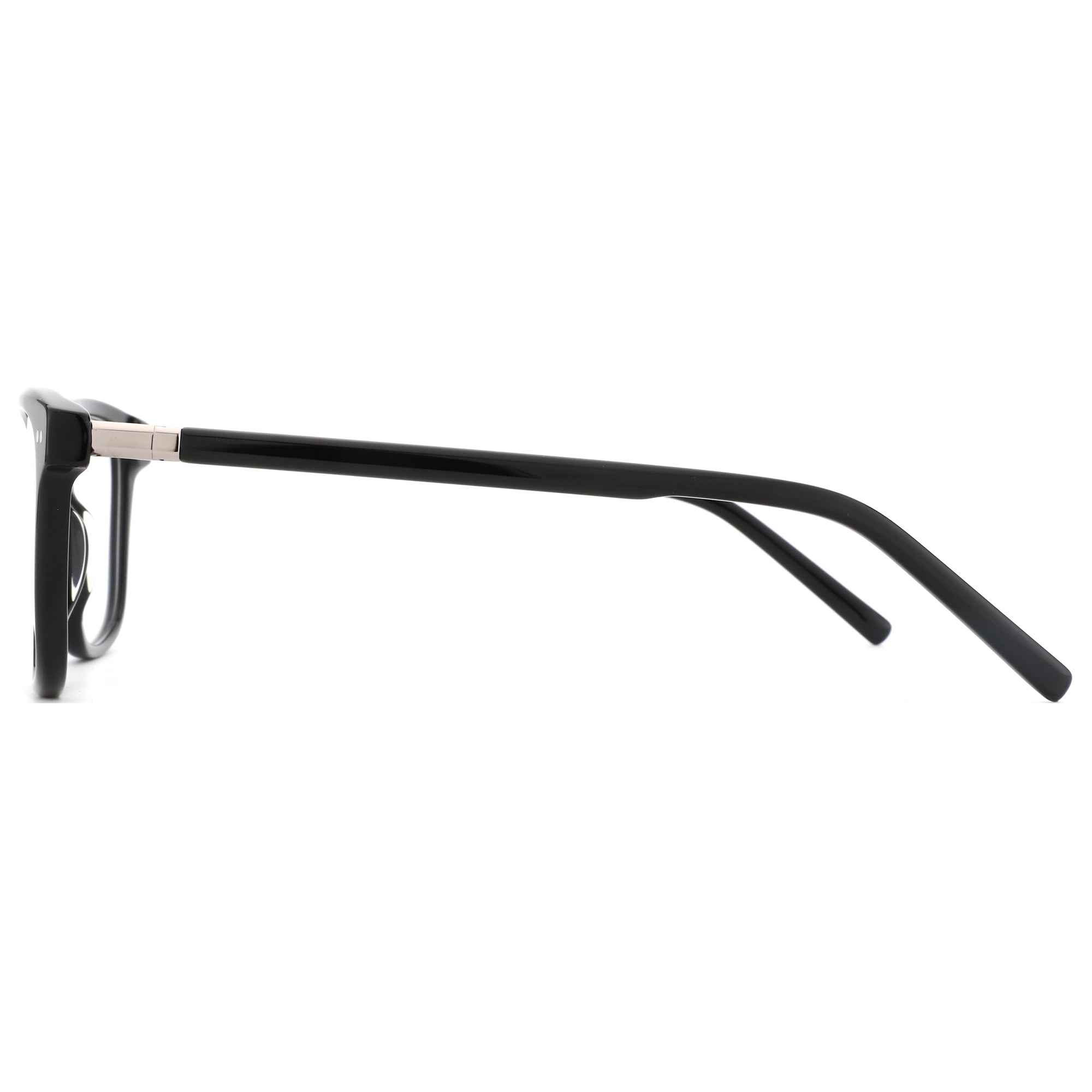 Side view of ZENOTTIC Dennis black acetate square eyeglasses with silver hinge detail.