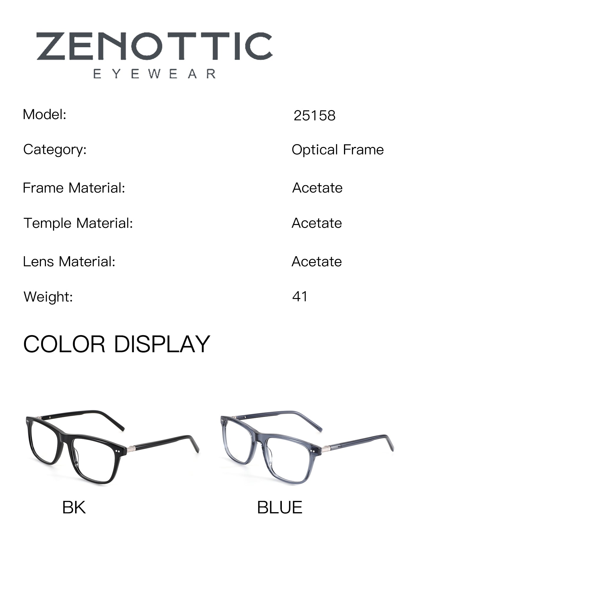 Zenottic Dennis eyeglasses: square acetate frames in black (BK) and blue colors.