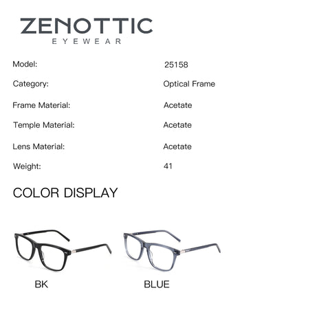 Zenottic Dennis eyeglasses: square acetate frames in black (BK) and blue colors.
