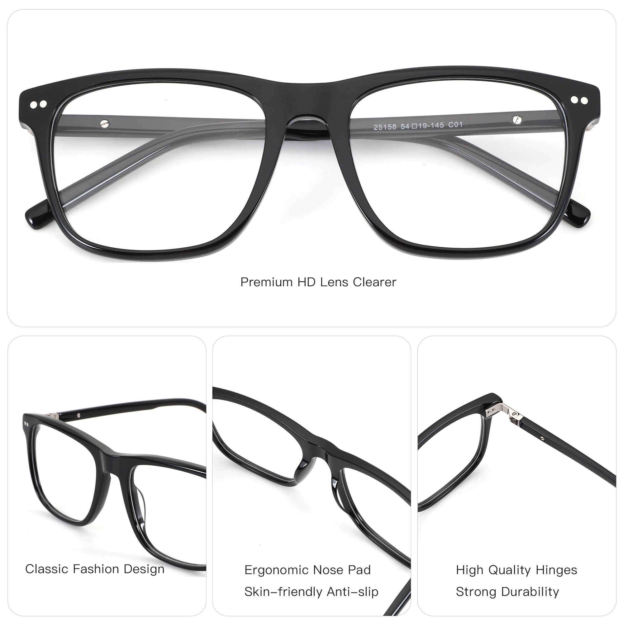 ZENOTTIC Dennis black acetate square eyeglasses with clear lenses, classic design, ergonomic nose pads.