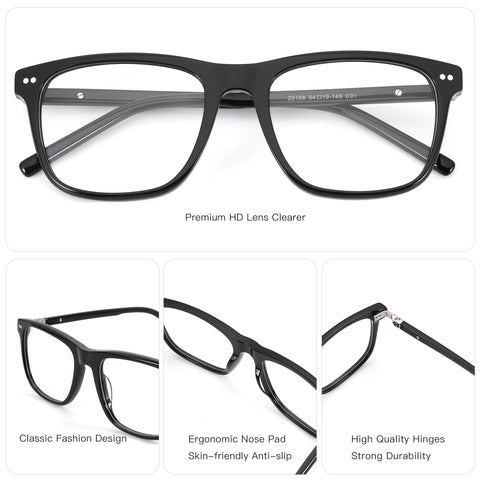 ZENOTTIC Dennis black acetate square eyeglasses with clear lenses, classic design, ergonomic nose pads.