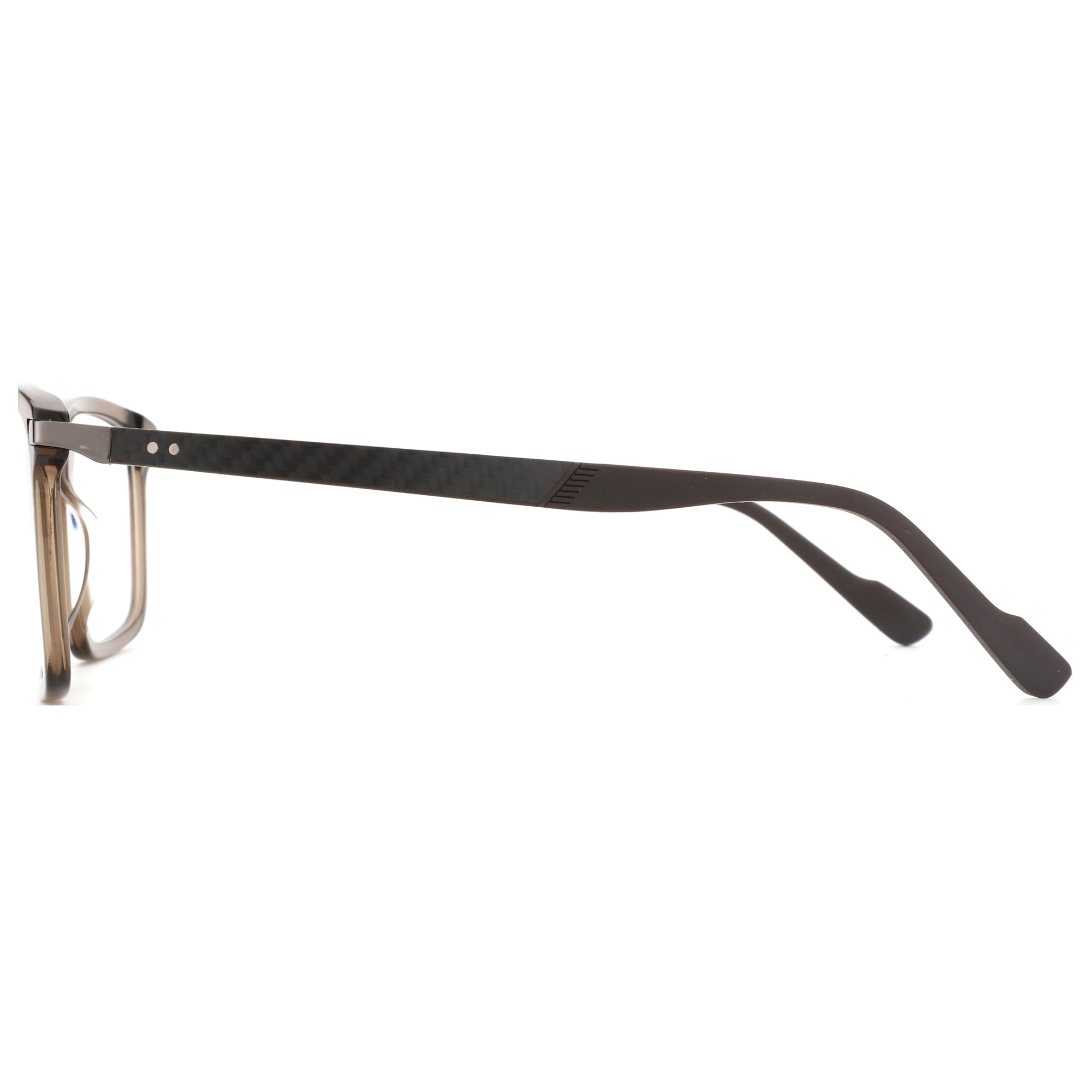 ZENOTTIC Alex eyeglasses: smoky brown acetate frame front, dark carbon fiber textured temples.