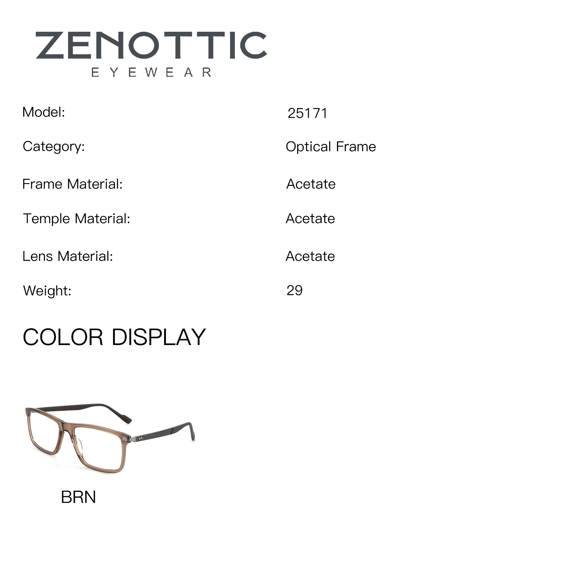 ZENOTTIC Alex eyeglasses, brown acetate frame, model 25171