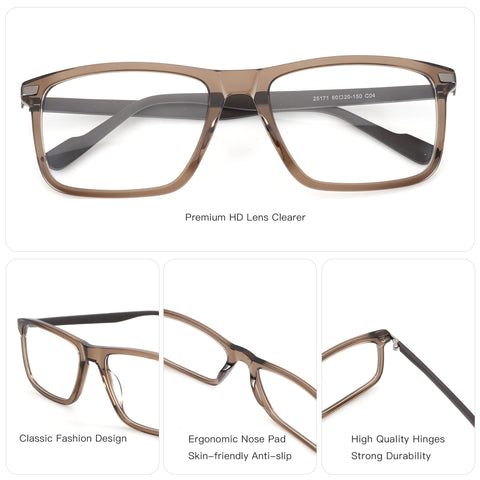 ZENOTTIC Alex eyeglasses: classic brown acetate square frame, clear plastic lenses, ergonomic nose pads, durable hinges.