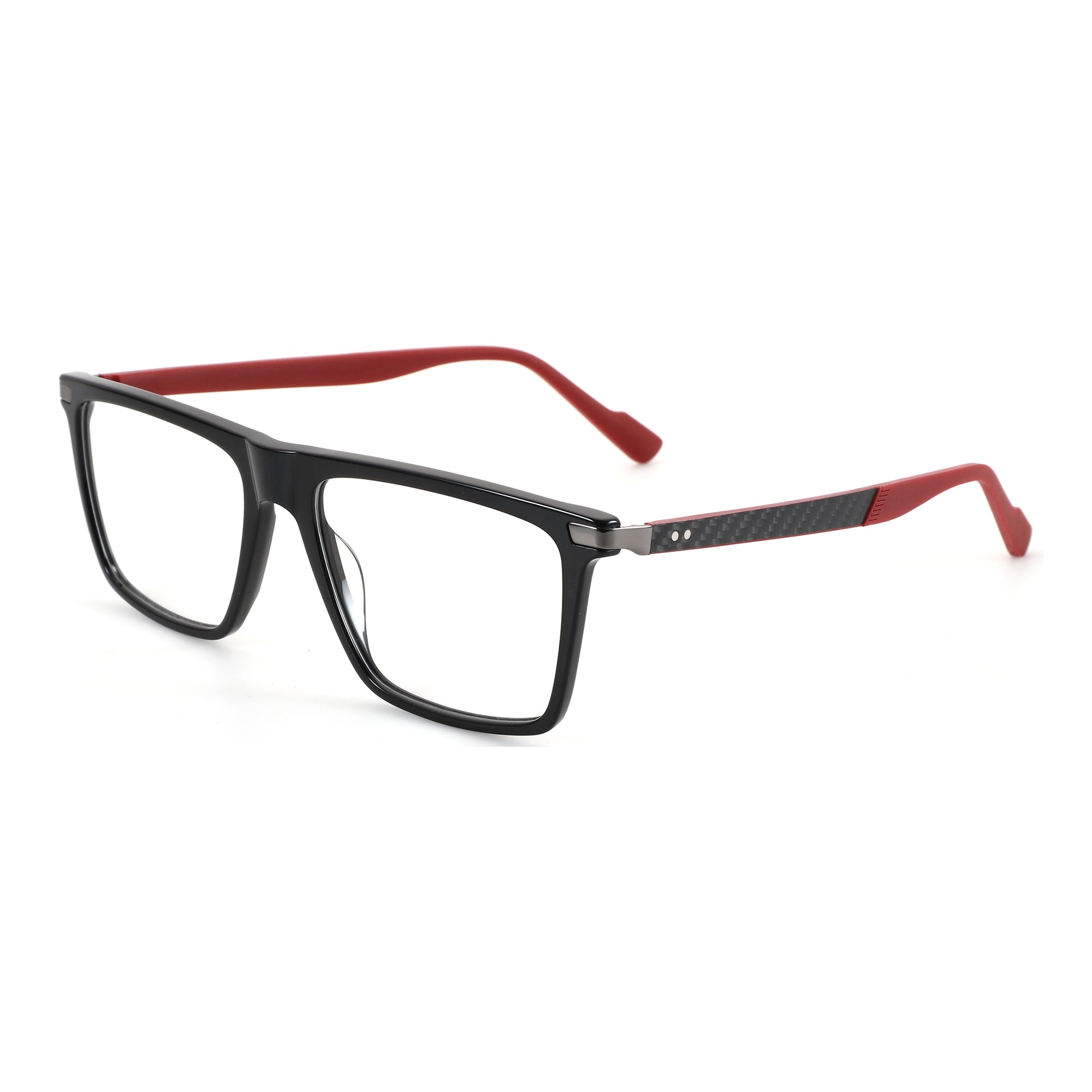 ZENOTTIC Ryan eyeglasses: black acetate square frame, red temples, carbon fiber detail.