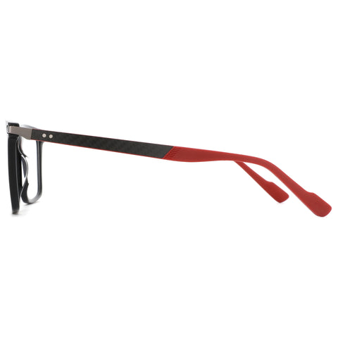 ZENOTTIC Ryan black acetate eyeglasses with dark grey patterned temple and red arm.