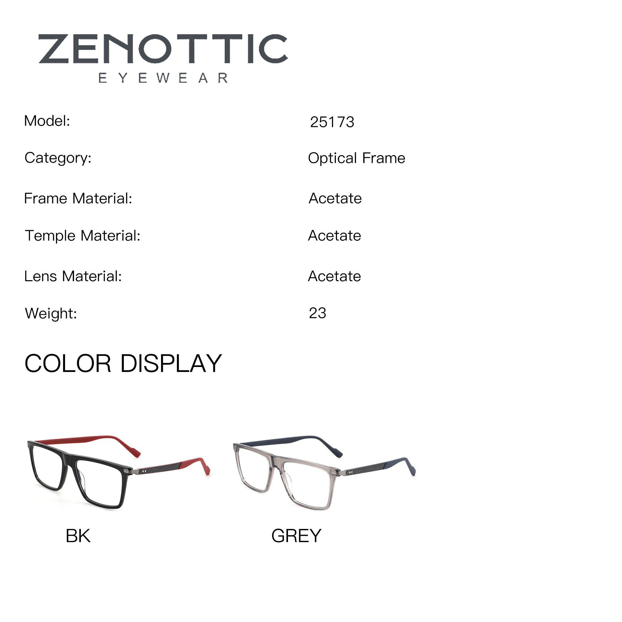 ZENOTTIC Ryan eyeglasses: Acetate square frames in Black/Red (BK) and Grey colors.