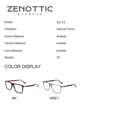 ZENOTTIC Ryan eyeglasses: Acetate square frames in Black/Red (BK) and Grey colors.