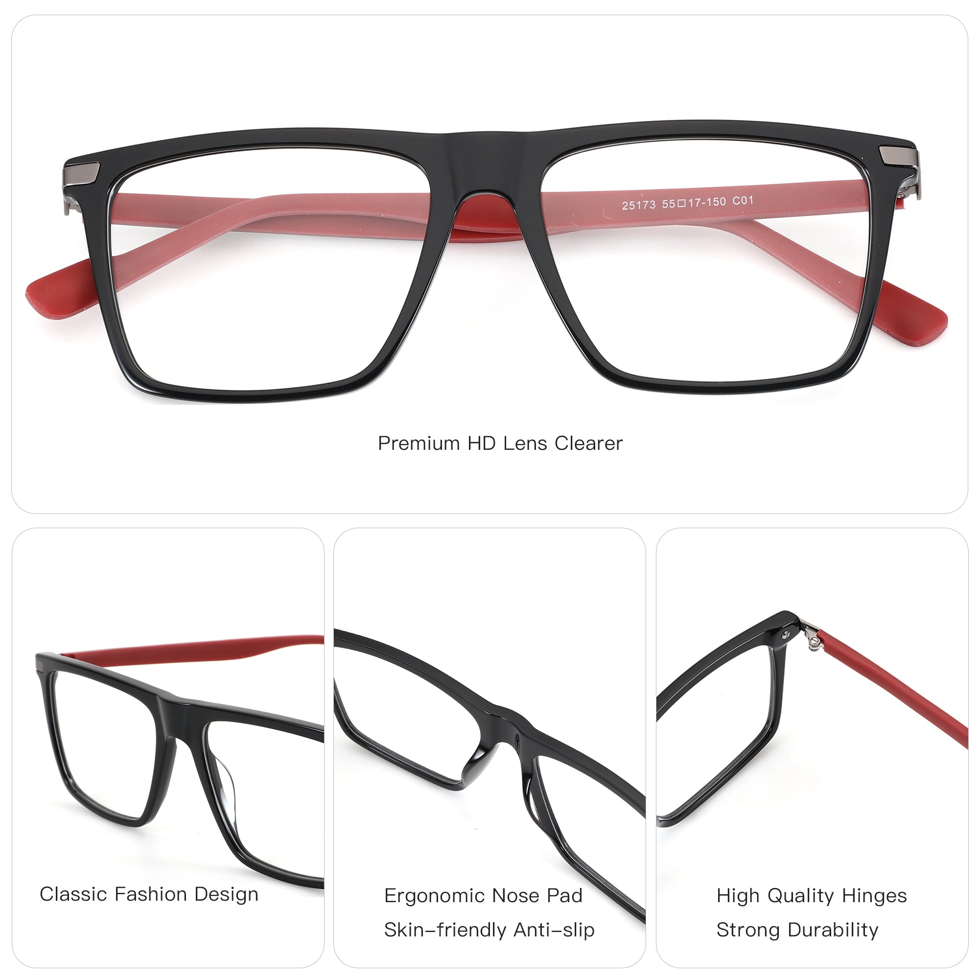 ZENOTTIC Ryan eyeglasses: Black acetate square frames with red temples, classic fashion design.