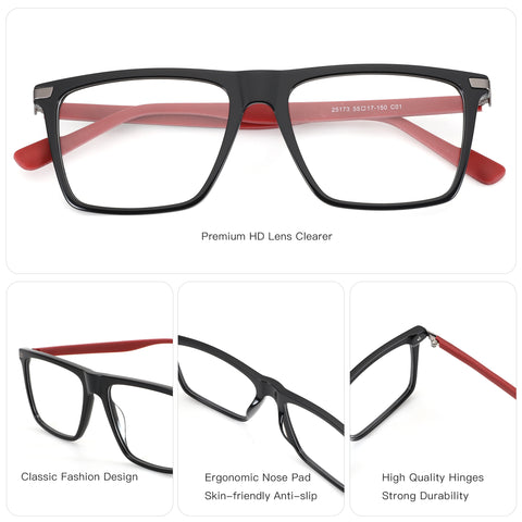 ZENOTTIC Ryan eyeglasses: Black acetate square frames with red temples, classic fashion design.