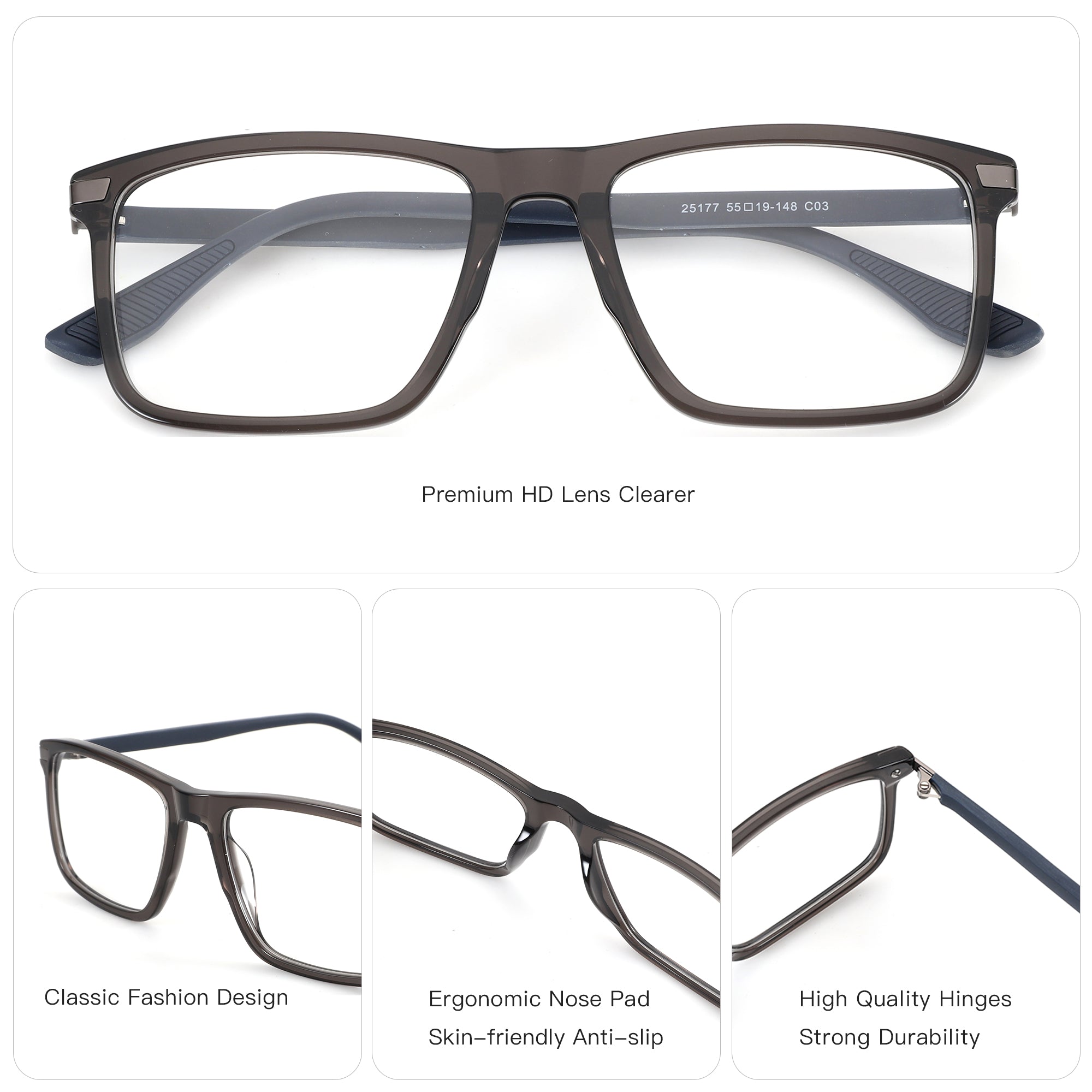ZENOTTIC Robert dark grey square acetate eyeglasses, classic fashion, clear demo lenses.