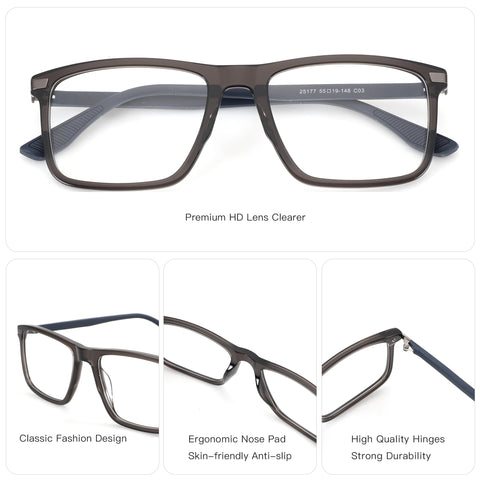 ZENOTTIC Robert dark grey square acetate eyeglasses, classic fashion, clear demo lenses.