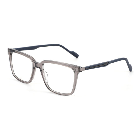 Zenottic Elijah eyeglasses: Grey acetate square frame, clear demo lenses, blue temples.