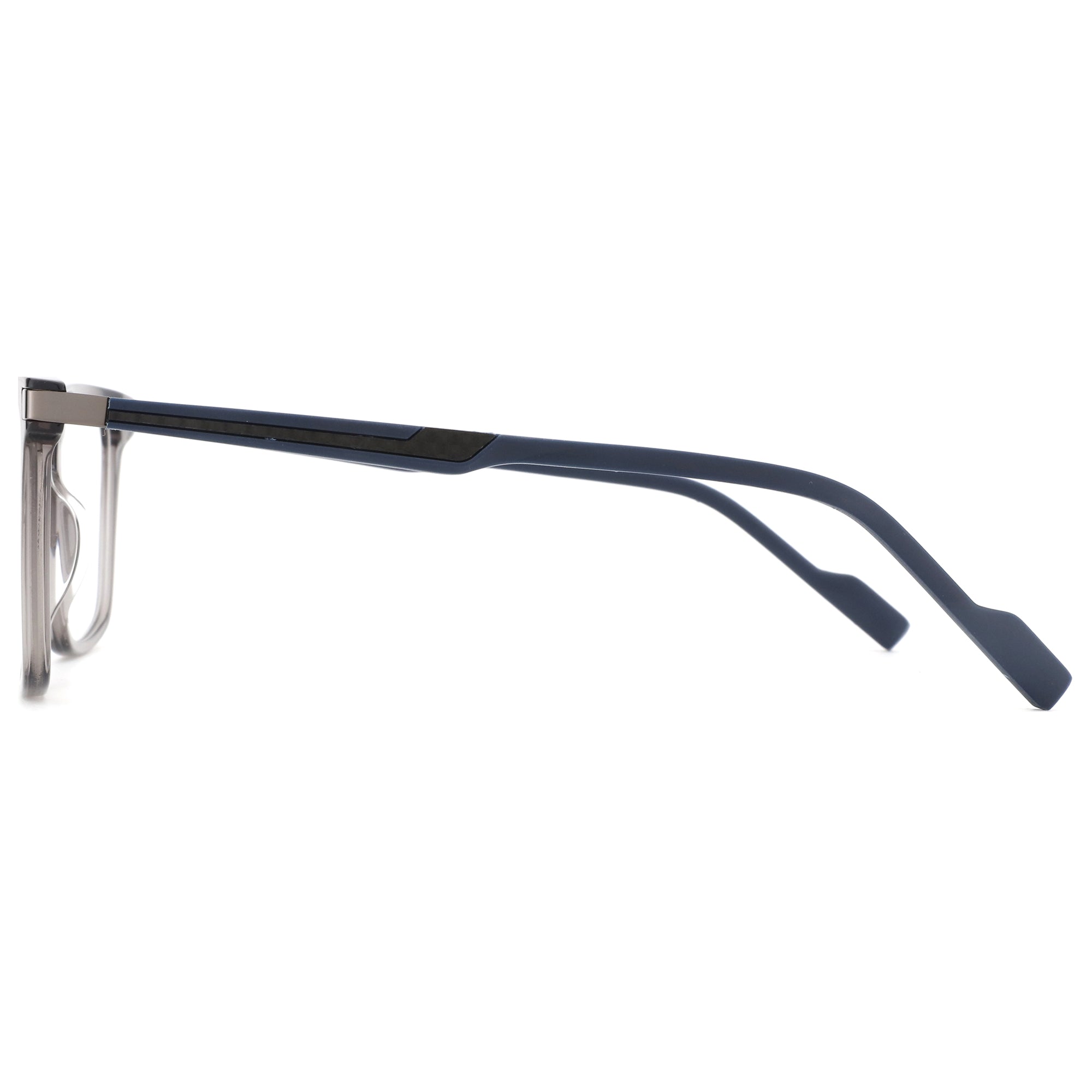 Zenottic Elijah square eyeglasses: side profile with grey acetate front and navy blue temples.
