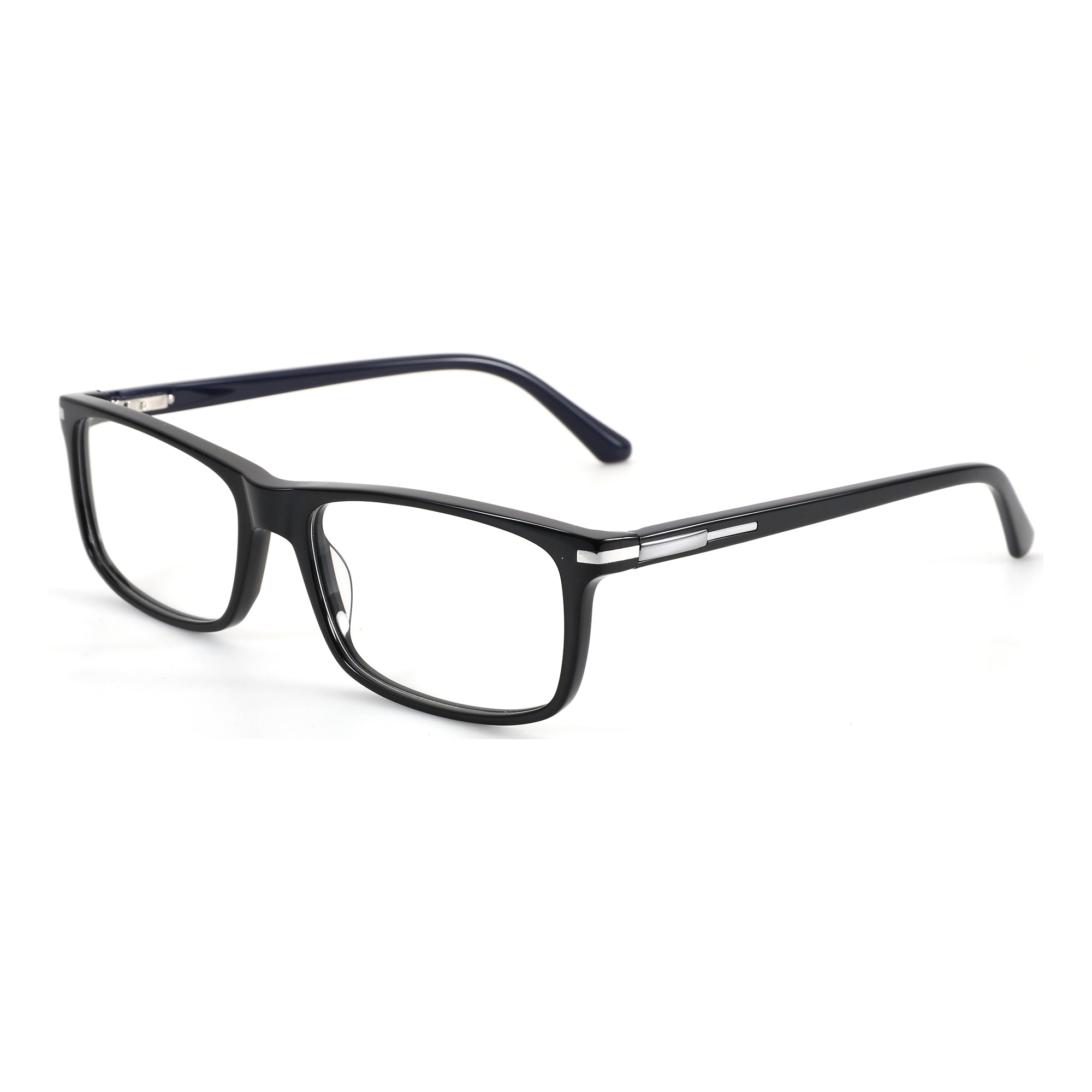 Black acetate square Zenottic Dean eyeglasses with clear lenses and silver detail on temples.