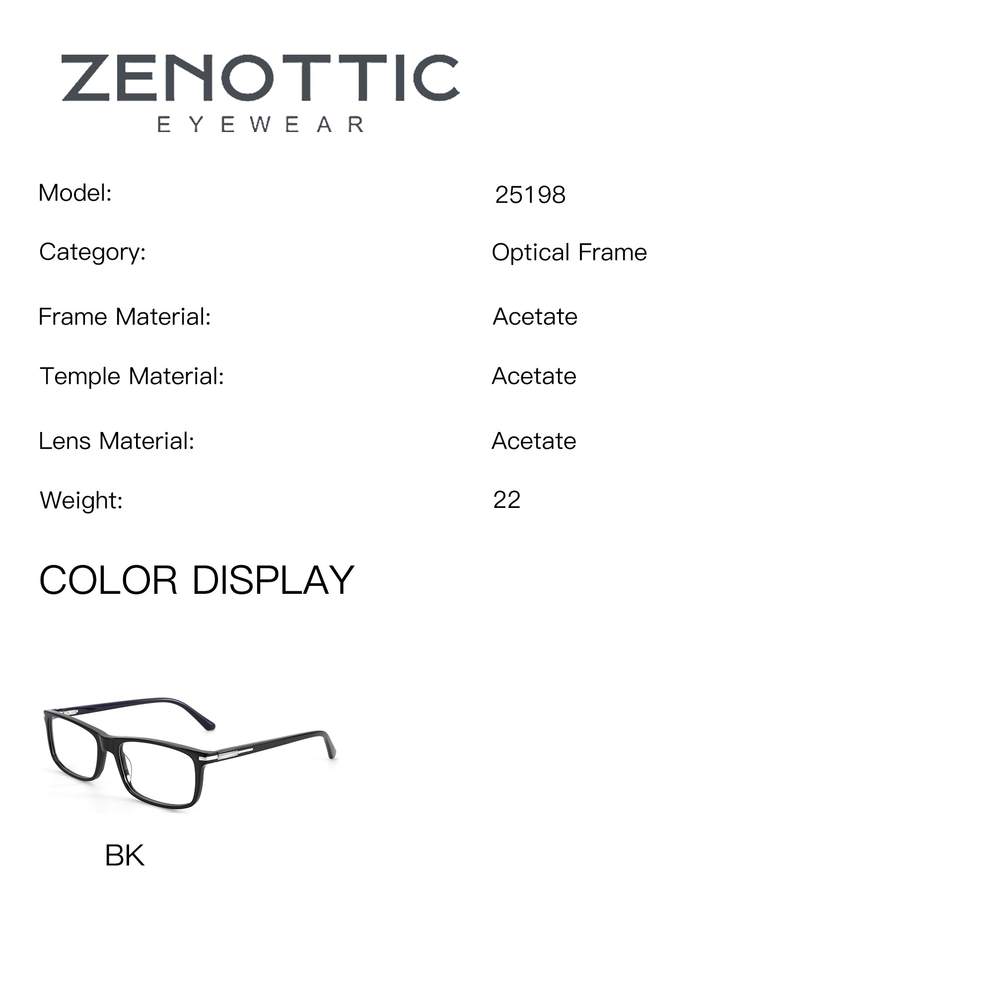 ZENOTTIC Dean eyeglasses: Black acetate square frames, model 25198.