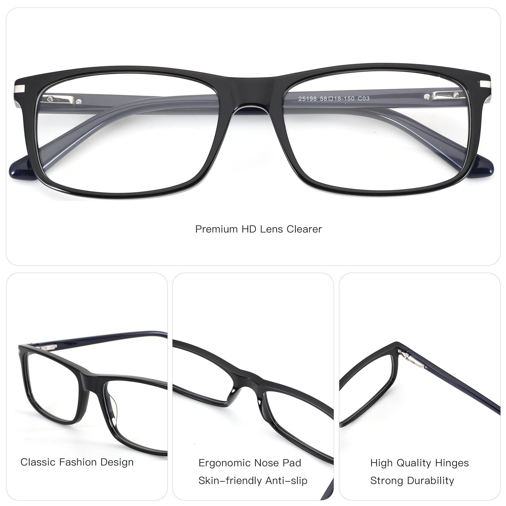ZENOTTIC Dean black acetate square eyeglasses with clear demo lenses.